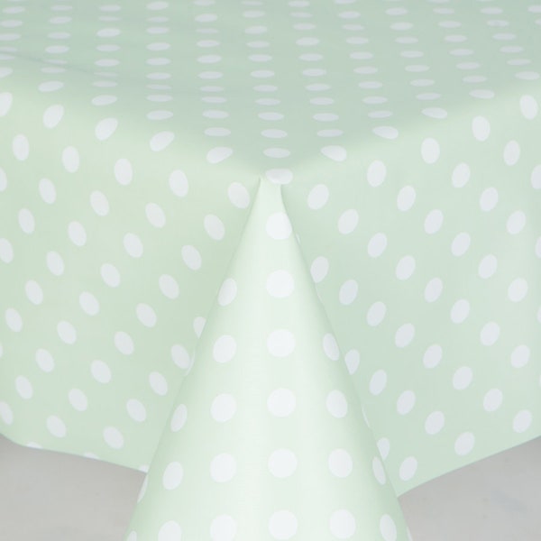 PVC Mint Green Polkadot Design, Mint Green Ground with White Polkadots Wipe Clean, Vinyl / Plastic Table Cloth Oilcloth