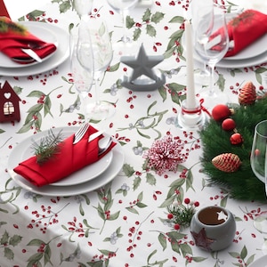 Kersttafelkleed tafelkleed maretak, bessen, hulst, afveegbaar, katoen met acrylcoating, waterbestendig