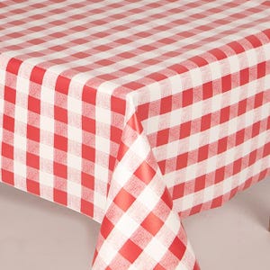 May include: A red and white checkered tablecloth. The tablecloth is made of a smooth material and has a classic gingham pattern. The corner of the tablecloth is folded over, showing the pattern in detail. This tablecloth is perfect for picnics and outdoor dining.
