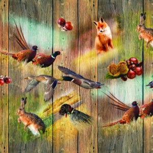 May include: A colourful illustration featuring a variety of woodland animals, including foxes, rabbits, and birds, set against a backdrop of wooden planks. The animals are depicted in a whimsical style, with vibrant colours and intricate details.