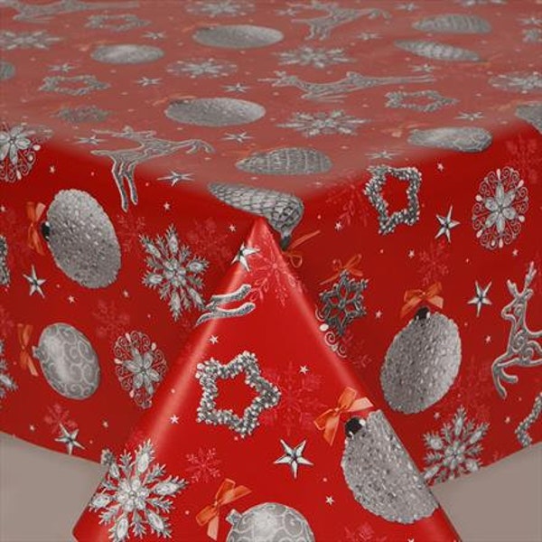 PVC Christmas Tablecloth Red Sparkle  With Silver Reindeers, Stars, Baubles, Stars Wipe Clean, Vinyl / Plastic Table Cloth ,Water Resistant