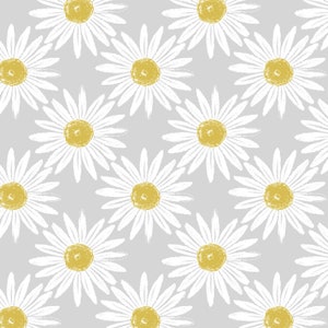 Large Daisy Flowers in White and Yellow on Grey Ground Oilcloth Tablecloth Wipe Clean Cotton Cloth With PVC Coating