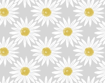 Large Daisy Flowers in White and Yellow on Grey Ground Oilcloth Tablecloth Wipe Clean Cotton Cloth With PVC Coating