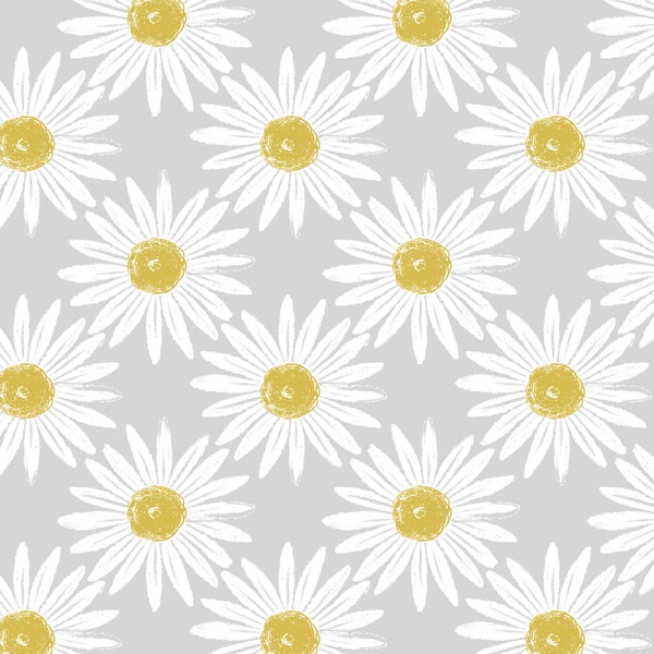 Grandes fleurs de marguerite en blanc et jaune sur nappe cirée gris moulu Essuyez le chiffon de coton propre avec revêtement PVC