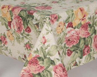 Oilcloth Tablecloth Renaissance , Traditional Large Roses in Pinks and Yellow's, Cotton Cloth with Acrylic Coating Wipeclean