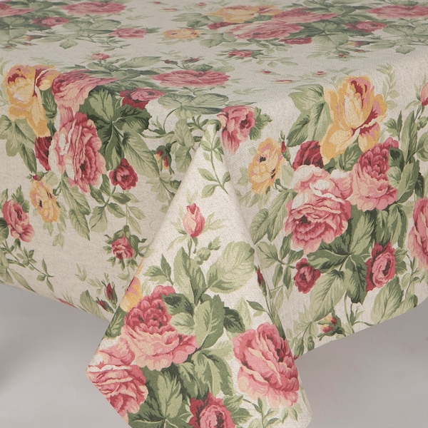 Oilcloth Tablecloth Renaissance , Traditional Large Roses in Pinks and Yellow's, Cotton Cloth with Acrylic Coating Wipeclean