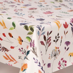 Toalha de mesa em PVC com estampa abstrata de flores e folhas, fácil de limpar. Material: Vinil de fácil manutenção.