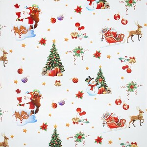 May include: White wrapping paper with a festive Christmas design featuring Father Christmas, snowmen, Christmas trees, reindeer, and other holiday elements.