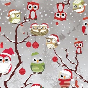 PVC Christmas Tablecloth Festive Owls on Tree , Wipe Clean, Vinyl / Plastic Table Cloth , Water Resistant