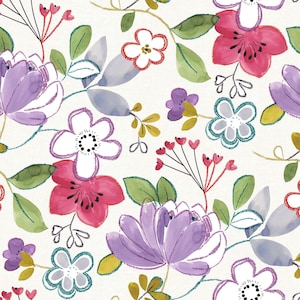 May include: A watercolour floral pattern with purple, pink, white, and teal flowers, green leaves and stems. The design is set against a cream background, creating a soft, artistic look. The flowers have detailed outlines, giving a hand-painted appearance.