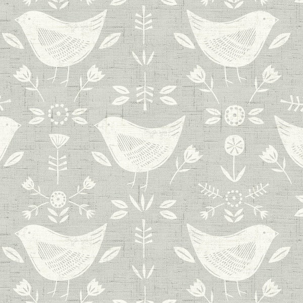 Grey Narvik Birds Leaves and Flowers Scandinavian,Oilcloth Tablecloth Wipe Clean Cotton Cloth With PVC Coating