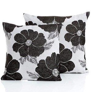 Black and Grey Poppy Chenille Flower cushion covers 18&quot; x 18&quot; approx with zip on cover