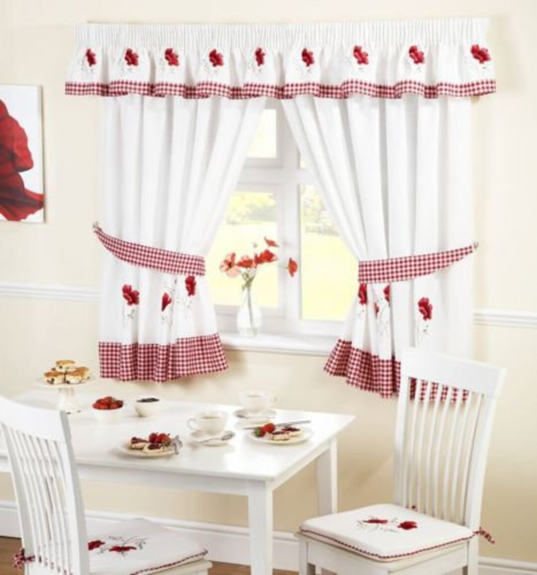 Red Poppy / Poppies With Gingham Check Kitchen Curtains, or Pelmets, or