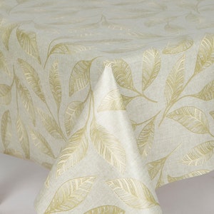 Tovaglia in PVC Foglia Oro, Fondo Beige con Foglie Oro, Tovaglia in Vinile/Plastica Rotonda, Quadrata, Ovale o Rettangolare