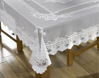 Lace Tablecloths in White or Cream 100% Polyester machine washable in a range of sizes with rose flowers