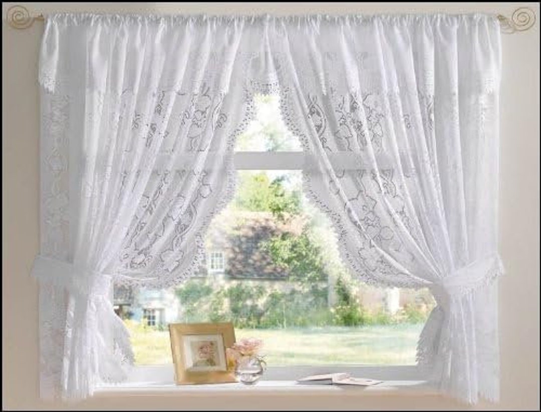 White Lace Net Curtain Window Set With Sewn in Attached Pelmet and With