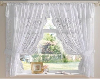 White Lace Net Curtain Window Set with Sewn in Attached Pelmet and with a pair of Tie backsn Vintage Lace look