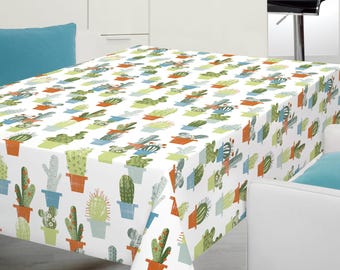PVC Tablecloth Cactus design , in Flower pots With Pink Flowers on a White Ground, Wipe Clean,Vinyl / Plastic Table Cloth