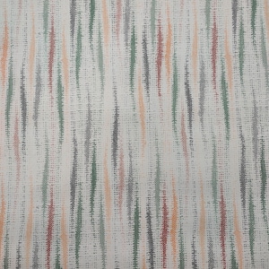 May include: Abstract pattern fabric with vertical stripes in shades of green, orange, brown, and grey on a white background.