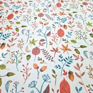 Amarante Burnt Orange, Green, Teal, Leaves, Acorns, Flowers on Cream Ground Oilcloth Tablecloth Wipe Clean Cotton Cloth Matte PVC Coating