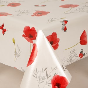 May include: White tablecloth with a red poppy floral pattern and butterflies. The tablecloth has a satin finish.