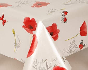 PVC Tablecloth Large Red Poppies with Silver Leaves and Stems, with Butterflies Design Wipe Clean , Vinyl / Plastic Table Cloth, Easy care