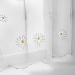 Café Voile Curtain Panel, Embroidered Kitchen Net Curtains, Daisy Flower, 59" Width per panel with slotted top small Daisies on White ground