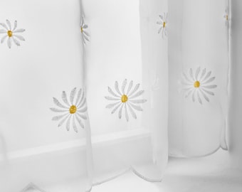 Café Voile Curtain Panel, Embroidered Kitchen Net Curtains, Daisy Flower, 59" Width per panel with slotted top small Daisies on White ground