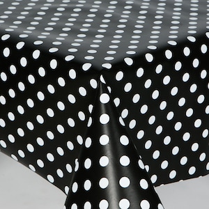 PVC Dotty Black Polkadot Design, Noir Ground avec Polkadots Blancs Wipe Clean, Nappe de Vinyle / Plastique Nachillon