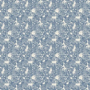 Oilcloth Tablecloth Country Life Blue, Wildlife, Hares, Deers, Hedgehogs etc ,  Wipe Clean Cotton Cloth With PVC Coating, Matte Finish