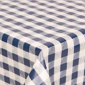 May include: A blue and white checkered tablecloth. The pattern is a classic gingham design, with alternating squares of navy blue and white. The fabric appears to be a smooth, possibly vinyl or coated material, suitable for indoor or outdoor use.