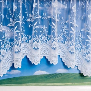 White Butterflies Net Jardinière Arched Curtain Ready to Hang, Lace