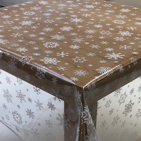 PVC Weihnachtstischdecke Klare Kunststoff mit Weißen Schneeflocken, durchsichtig, abwischbar, Vinyl Kunststoff Tischdecke, wasserfest
