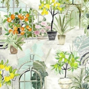 Oilcloth Tablecloth Glasshouse Citrus, Plant pots, Plants , Flowers on Cream ground Cotton Cloth With Matte PVC Coating Wipeclean,