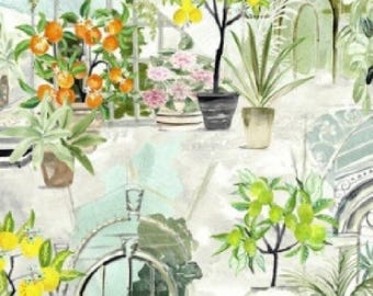 Oilcloth Tablecloth Glasshouse Citrus, Plant pots, Plants , Flowers on Cream ground Cotton Cloth With Matte PVC Coating Wipeclean,
