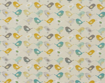 Scandinavian Birds Ochre and Teal Oilcloth Tablecloth Wipe Clean Cotton Cloth With PVC Coating