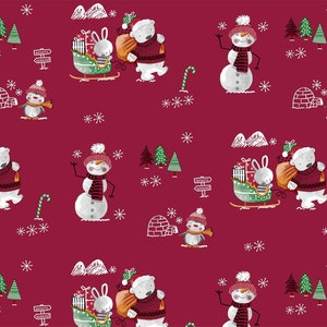 PVC kersttafelkleed rode grond met sneeuwpop, teddyberen, slee, cadeautjes schoonvegen, vinyl / plastic tafelkleed, waterbestendig