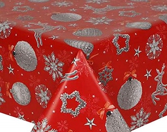 Mantel navideño de PVC rojo brillante con renos plateados, estrellas y adornos. Fácil de limpiar. Mantel de vinilo/plástico, resistente al agua.