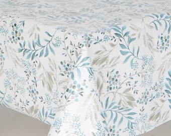 Mantel de hule con estampado de hojas de helecho en azul y gris sobre fondo blanco, tejido de algodón con revestimiento de PVC, fácil de limpiar, diseño fresco de verano.