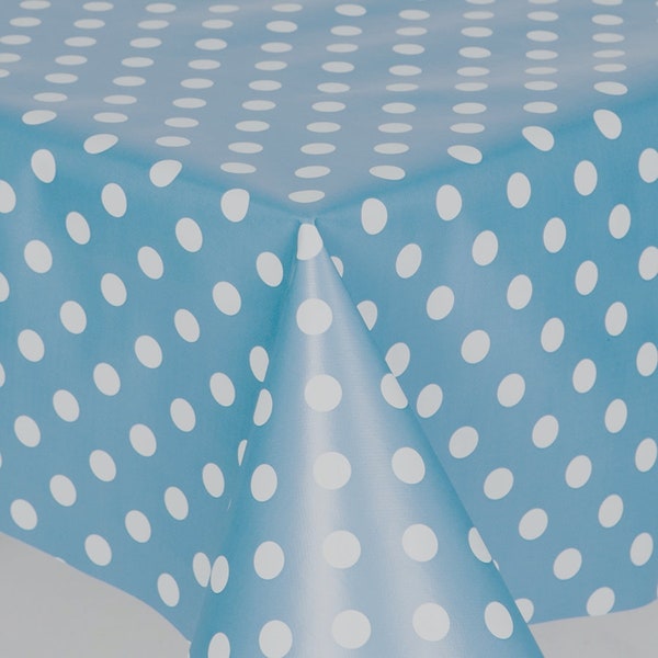 PVC Dotty Blue Polkadot Design, Blue Ground with White Polkadots Wipe Clean, Vinyl / Plastic Table Cloth Oilcloth