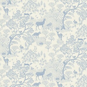 Oilcloth Tablecloth Wood Life Blue, Foxes, Deers, Mushrooms ,  Wipe Clean Cotton Cloth With PVC Coating , with a Matte Finish