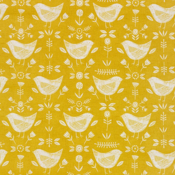 Ocre Narvik Oiseaux Feuilles et Fleurs Scandinaves, Nappe Oléatière Essuyer Tissu de coton propre avec revêtement en PVC