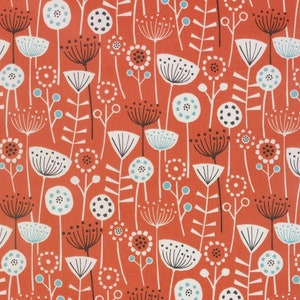 May include: A repeating pattern of stylized flowers and foliage in white, black, and light blue against a burnt orange background. The design features various floral shapes and linear stems, creating a whimsical, botanical theme.