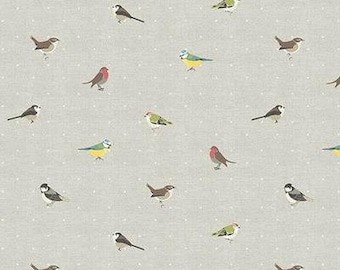 Oilcloth Tablecloth Garden Birds, Natural Ground with Colourful Birds, Wipe Clean Cotton Cloth PVC Coating , with a Matte finish