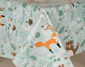 PVC Tablecloth Friendly Fox, Woodland Animals with Deers ,Bears , rabbits , acorns , wipe Clean, Vinyl / Plastic Table Cloth