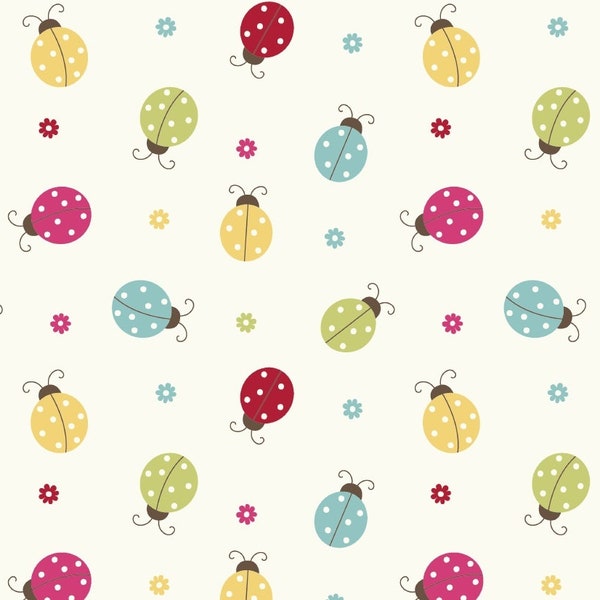 Coccinelles sur fond blanc, polkadots, œuf de canard, ocre, vert citron, rouge, nappe en toile cirée, chiffon en coton propre avec revêtement en PVC mat