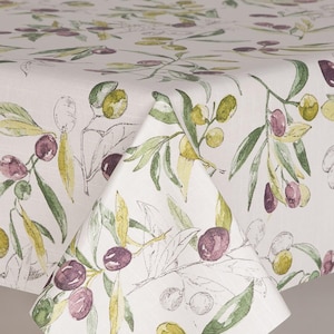 Oilcloth Tablecloth Olives on White Ground with Yellow and Green Leaves Cotton Cloth with Acrylic Coating Wipeclean, Fresh Summer Design