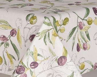 Oilcloth Tablecloth Olives on White Ground with Yellow and Green Leaves Cotton Cloth with Acrylic Coating Wipeclean, Fresh Summer Design