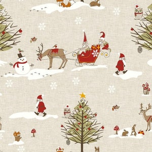 Christmas Tablecloth Santa Sleigh Reindeer beige Oilcloth Cotton Cloth With PVC Coating Wipeclean, Round, Square, Rectangle or Oval