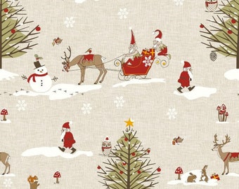 Christmas Tablecloth Santa Sleigh Reindeer beige Oilcloth Cotton Cloth With PVC Coating Wipeclean, Round, Square, Rectangle or Oval